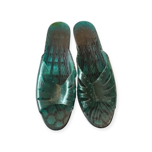 Vintage 60s Jelly Slide Sandals – Size 7, Green Plastic Wedge Heels made in USA - Picture 10 of 15
